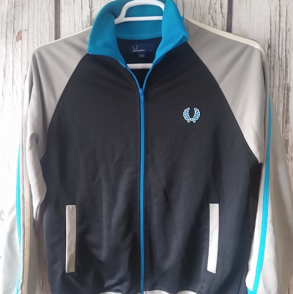 Fred Perry Full Zip Track Jacket Black & Gray Men's Small Mock Neck Blue Stripes - Picture 1 of 7